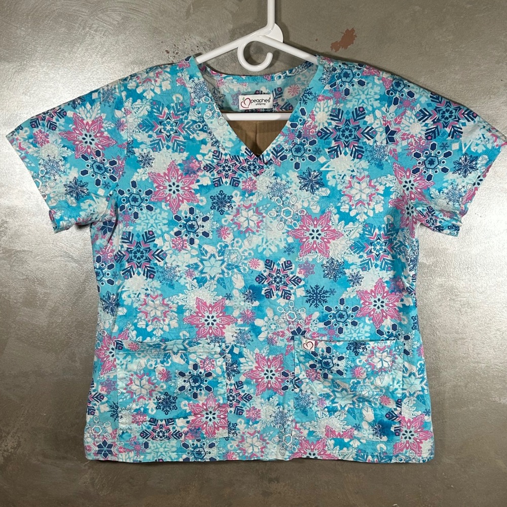 Peaches Uniforms Women's Size XL Scrub Top Blue Pink Snowflake Glitter V-Neck - Picture 2 of 8
